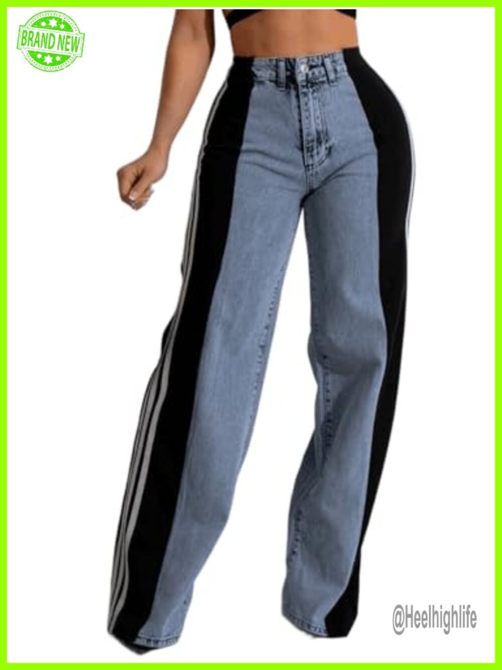 High Waisted Wide Leg Stretch Denim Jeans with Patchwork Stripes